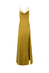 Olive green stretch silk long dress -  | Wise