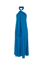 Petrol blue stretch silk long dress -  | Wise
