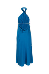 Petrol blue stretch silk long dress -  | Wise