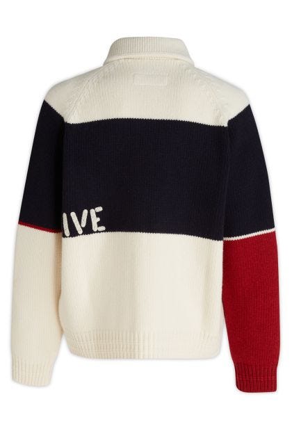 White, blue and red wool sweater