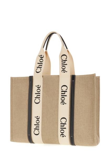 Large Woody tote bag in white and blue linen canvas