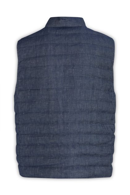 Sleeveless down jacket in blue linen and cotton blend
