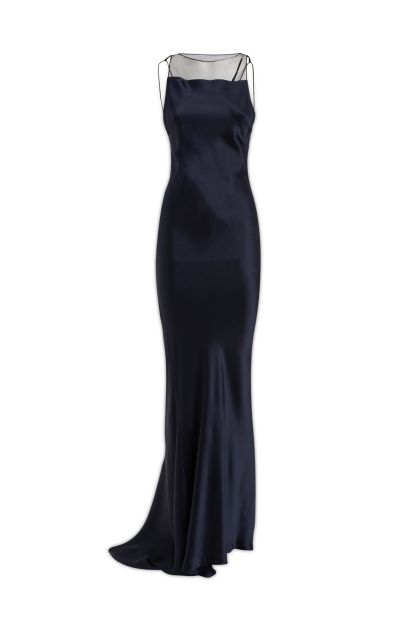 Long dress in navy blue hammered satin